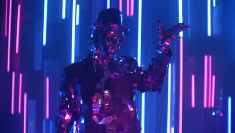 Funny-diamond-man-dancing-making-hand-movements-in-neon-blue-purple-light.